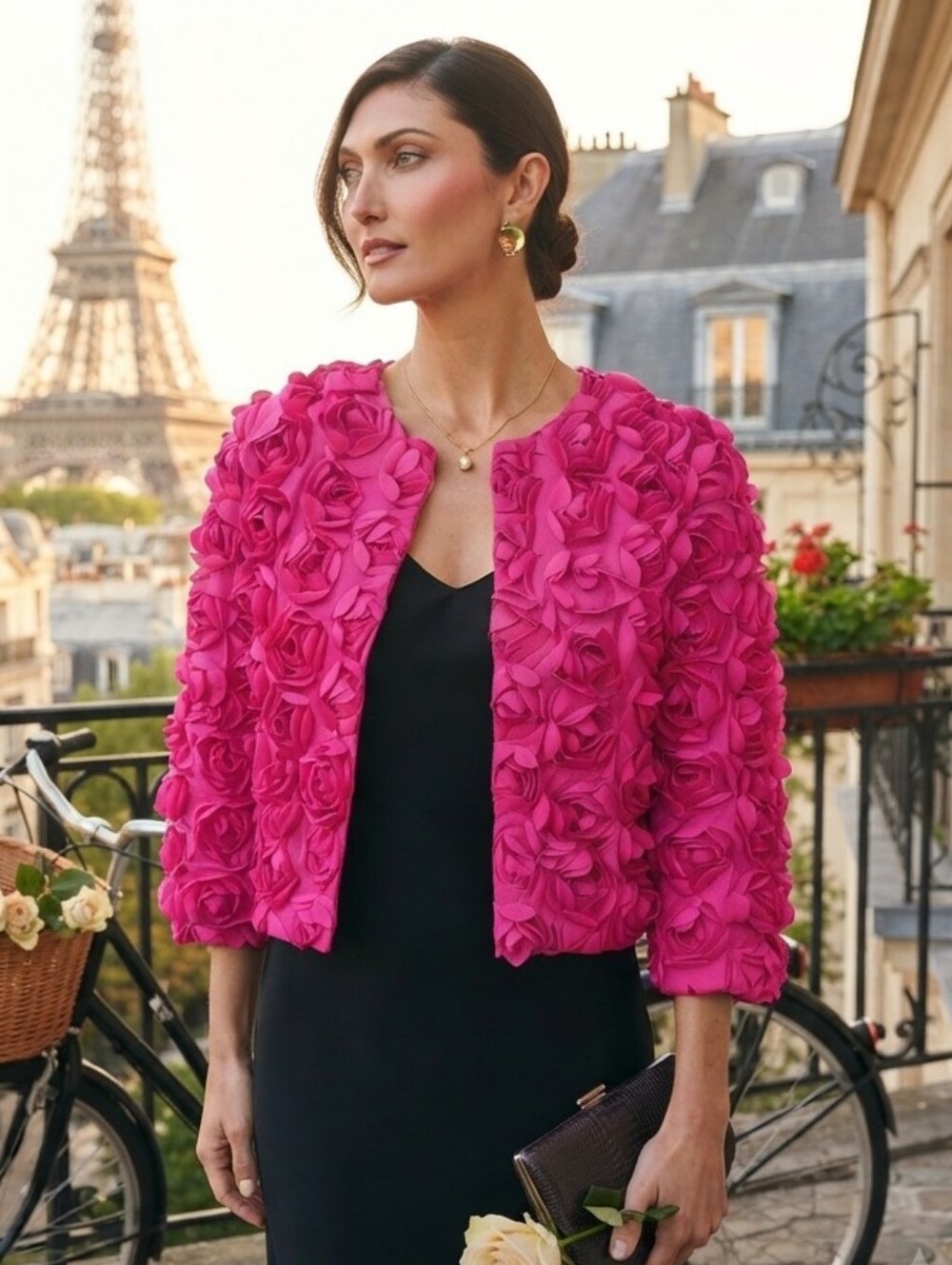 NWOT Frank Lyman Montreal Hot Pink 3D Rose Applique Open Front Cropped Jacket